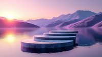 Curved stone platforms over tranquil lake at sunset with purple mountain silhouettes creating serene landscape for meditation and relaxation.