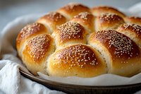 Freshly baked dinner rolls with golden brown crust and white sesame seeds on top, served on white cloth napkin. Close up view shows soft, fluffy texture.