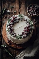 Festive white cake decorated with sugared cranberries and fresh rosemary sprigs on wooden board, creating rustic holiday dessert atmosphere.
