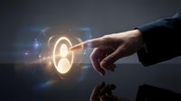 Businessman hand touching glowing digital target with light rays and data particles, representing business strategy, goal achievement, and technology innovation for corporate success.