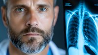 Caucasian male doctor with gray beard examining chest x-ray scan. Medical professional in white coat analyzing radiological image of lungs and ribcage on blue background.