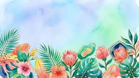 Watercolor tropical floral border with coral protea flowers, palm leaves, and botanical elements on soft pastel background. Isolated design for invitations, cards, and decorative projects.