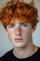 Young male model with vibrant ginger curly hair, striking green eyes, and natural freckles in close-up portrait against light background wearing black t-shirt.