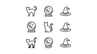 Halloween line icons set with black cats crystal balls and witch hats on white background isolated for seasonal design projects and decorations.