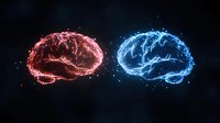 Glowing neon brain silhouettes in red and blue with lightning effect on dark background, representing mind connection, artificial intelligence and neural networks.