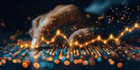 Financial data visualization with glowing orange trading chart and hand touching digital graph, perfect for investment and stock market presentations.