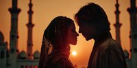 Romantic couple silhouette at sunset with mosque minarets in background. Middle Eastern love story scene for wedding, travel, cultural content.