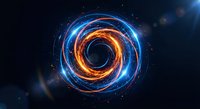 Glowing energy spiral with orange and blue light trails creating dynamic circular motion against dark cosmic background with sparkling particles and lens flares.