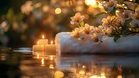 Tranquil spa composition with glowing candles and white cherry blossoms reflecting in water, creating serene atmosphere on dark background with bokeh lights.