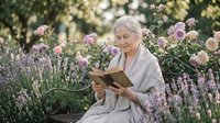 Senior Caucasian woman reading book in blooming garden with roses and lavender, peaceful retirement lifestyle, outdoor relaxation and leisure activity.