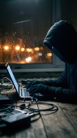 Hooded hacker in dark room typing on laptop with glowing city lights background. Cybercrime, data breach, online security threat concept for digital safety.