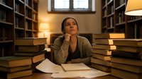 Young Hispanic woman student studying in library surrounded by stacks of books, looking up thoughtfully while researching academic materials for education.