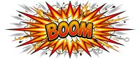 Comic book explosion with BOOM text in bold letters surrounded by dynamic burst rays and action lines on white background for graphic design projects.