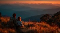 Couple watching dramatic sunset over mountain ranges from grassy hillside. Romantic outdoor adventure and nature photography concept for travel content.