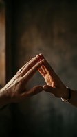 Two hands touching fingertips forming a triangle shape in warm dramatic light, symbolizing connection, balance, and partnership on dark background.
