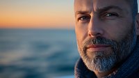Mature bearded Caucasian man with intense gaze at sunset, ocean backdrop creates dramatic lighting on face, wearing blue jacket, contemplative expression portrays confidence.