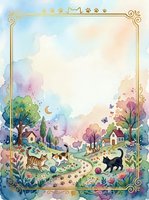 Watercolor pet memorial frame with cats playing in garden landscape, decorative border with paw prints for remembrance cards and scrapbooking projects.