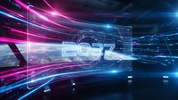 2027 futuristic digital display with neon pink and blue light streaks, glowing data streams, and holographic technology interface for sci-fi concepts.