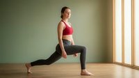Young Caucasian woman in red sports bra and black leggings performing lunge exercise on wooden floor in bright modern fitness studio with natural light.