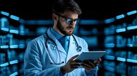 Male doctor in white coat using digital tablet against futuristic blue light background, stethoscope around neck, wearing glasses, modern healthcare technology concept.