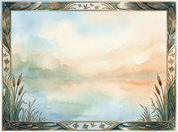 Watercolor landscape with ornate botanical border featuring cattails and leaves, soft pastel sky reflection on calm water surface for nature designs.