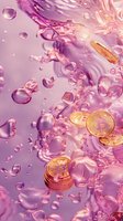 Golden bitcoin coins floating in pink liquid with bubbles and water splashes creating dynamic cryptocurrency investment concept.