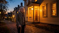 Senior Caucasian man in winter coat standing on historic cobblestone street at twilight with warm glowing colonial houses and autumn leaves scattered around.