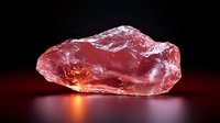 Pink translucent crystal glowing from within on dark background with dramatic lighting and reflection, raw gemstone with natural rough texture and edges.