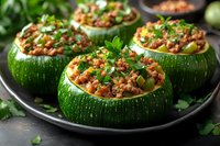 Round zucchini stuffed with meat, rice and vegetables garnished with fresh herbs on dark plate. Homemade baked squash boats with minced filling and parsley.