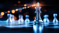 Chess king piece standing on board with dramatic blue lighting and bokeh background, strategic leadership concept in business and competition.