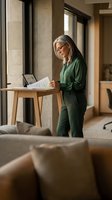 Senior businesswoman in green suit reviewing documents at standing desk in modern office with natural lighting and concrete columns.