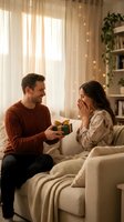 Young Caucasian man giving wrapped gift to surprised woman on cozy living room sofa with warm lighting for holiday celebration and romantic moments.