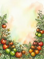 Watercolor tomato plants with ripe red and green fruits border a soft, blurred background. Hand-drawn botanical illustration with foliage frame, ideal for garden, cooking, organic produce, and agricultural design projects.