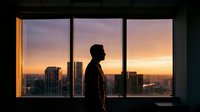 Silhouette of businessman standing by office window overlooking city skyline at sunset. Corporate success and urban lifestyle concept for business presentations.