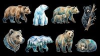 Grizzly bear, polar bear, brown bear, and black bear illustrations isolated on transparent background, ready for t-shirt design, clipart, stickers, sublimation, and print-on-demand products.