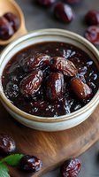 Sweet glazed dates in dark syrup served in ceramic bowl on wooden board, garnished with fresh herbs. Close-up food photography with natural lighting.