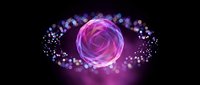 Glowing pink and purple energy sphere surrounded by floating particles and bokeh lights on dark background for digital design projects.