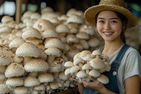 Young Asian female farmer in straw hat and overalls holding fresh mushrooms at organic farm, with rows of cultivated mushrooms in background, representing agriculture.