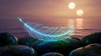 Glowing ethereal feather floating above mossy rocks at sunset ocean shore with dual suns creating mystical fantasy seascape for spiritual meditation designs.