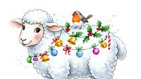 Adorable white sheep decorated with Christmas ornaments, holly, bells and robin bird. Festive holiday farm animal illustration on white background.