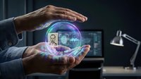 Businessman holding glowing digital globe with holographic interface, representing global connectivity, data networks, and future technology innovation in corporate environment.