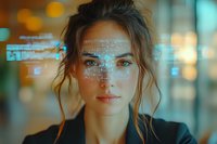 Young Caucasian businesswoman with facial recognition technology grid overlay, digital biometric scanning interface against blurred bokeh background in modern office.