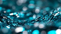 Shimmering turquoise crystal surface with bokeh light effects creates dynamic wave pattern, macro photography showing detailed texture and reflective highlights.