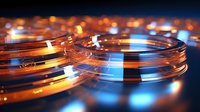 Laboratory petri dishes illuminated by orange and blue lights creating dramatic scientific atmosphere with shallow depth of field and reflective surfaces.