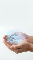 Hands holding holographic brain with medical icons floating above palms representing mental health care, neurology and cognitive wellness concepts.
