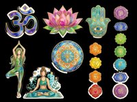 Colorful yoga and chakra clipart set isolated on transparent background, featuring om symbol, lotus, hamsa, mandala, and women in poses for stickers, sublimation, t-shirt design.