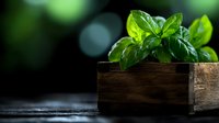 Fresh basil leaves growing in rustic wooden box against dark background with soft bokeh lights, moody food photography composition for culinary concepts.