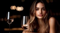 Young attractive Caucasian woman with long wavy brown hair enjoying red wine in elegant restaurant setting with warm ambient lighting and bokeh background.