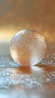 Frozen water droplet with crystalline ice formations on surface, isolated against warm blurred background for design and nature projects.