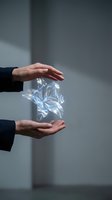 Businessman hands protecting glowing holographic flower with digital light effects symbolizing growth, innovation and environmental care in modern office.